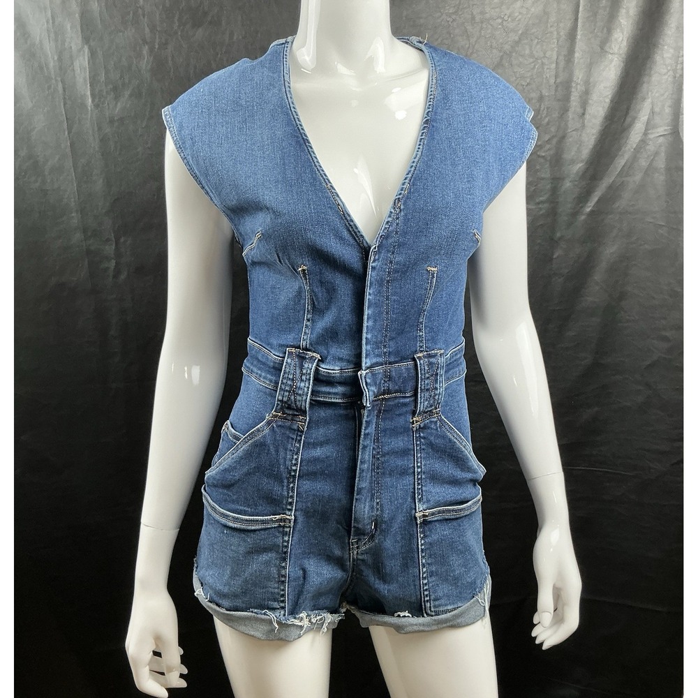 Free People We the Free CRVY Lolita Playsuit Romper Jumpsuit Stretch Denim 6